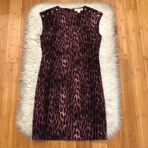 Michael Kors Pink Leopard Print Gold Studs Sleeveless Plum Sheath Dress size 4/6